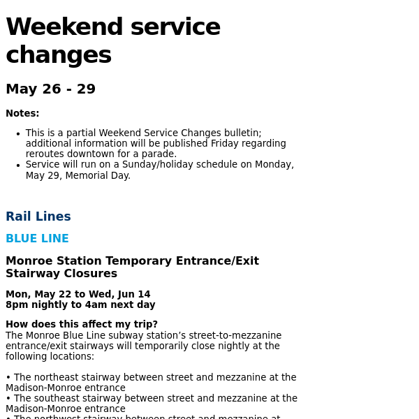 CTA Planned Weekend Service Changes -- May 26-29