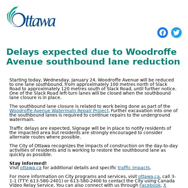 Delays expected due to Woodroffe Avenue southbound lane reduction