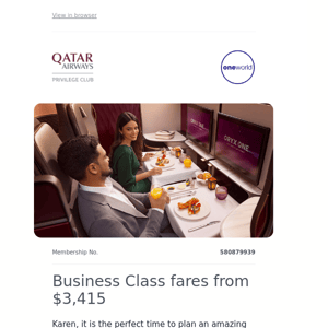 Qatar Airways , Business Class fares from $3,415