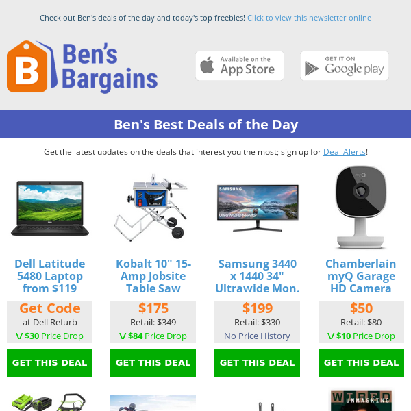 Ben's Best Deals: $175 10" Kobalt Table Saw - $12 UA Shorts - $199 Samsung 34" Monitor - $13 Gorilla Grip Bath Mat