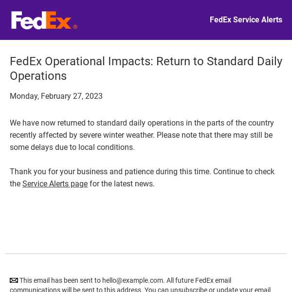 FedEx Network Return to Standard Daily Operations