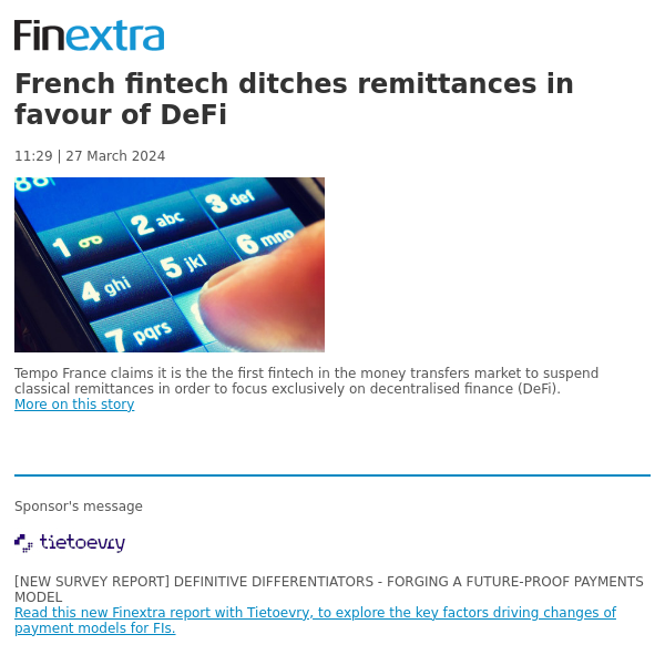 Finextra News Flash: French fintech ditches remittances in favour of DeFi
