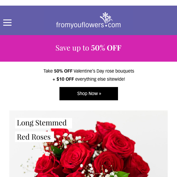 50% Off Red Roses, Pink Roses & Mixed Roses