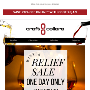 WINTER RELIEF SALE STARTS TOMORROW @ 7AM! SAVE 20% OFF* ONLINE ONLY!