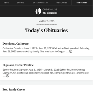 Latest obituaries for March 15, 2023