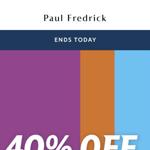 Ends today: 40% off shirts, sweaters & more.