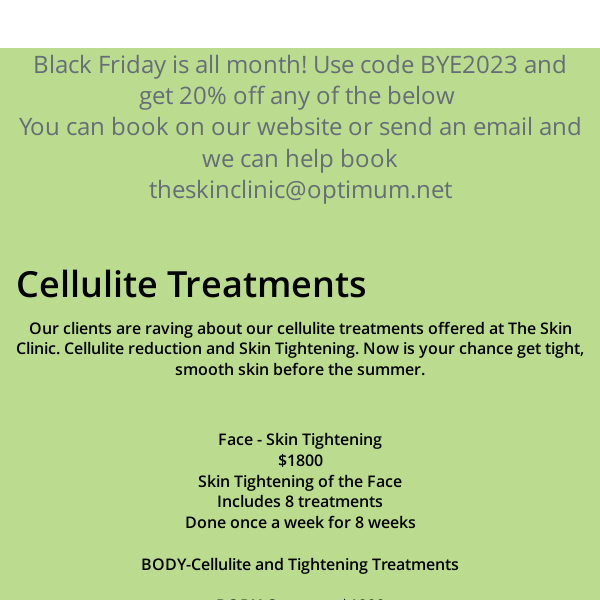 BLACK FRIDAY CELLULITE Treatments, Skin Tightening and so much more