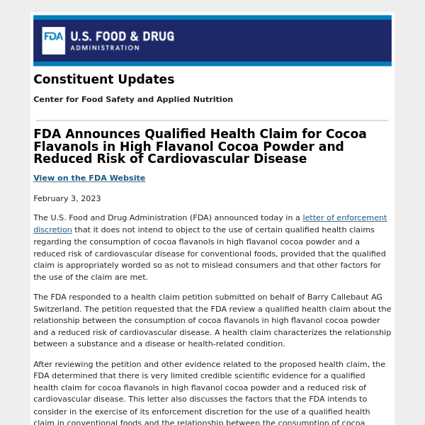 FDA Announces Qualified Health Claim for Cocoa Flavanols in High Flavanol Cocoa Powder and Reduced Risk of Cardiovascular Disease