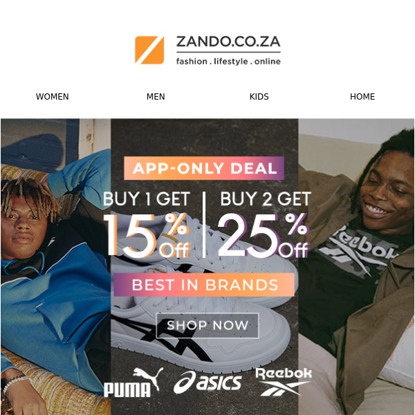 Sunday Shopping on App 📱 Up to 25% Off Puma, Asics & Reebok - Zando