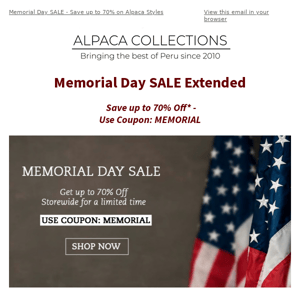Memorial Day SALE Extended - Save up to 70% Storewide*