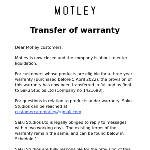 Motley London - Transfer of Warranty Services