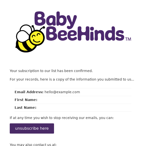 BABY BEEHINDS - customer newsletter: Subscription Confirmed