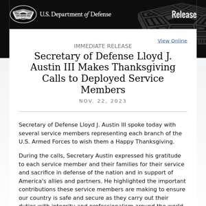 Secretary of Defense Lloyd J. Austin III Makes Thanksgiving Calls to Deployed Service Members
