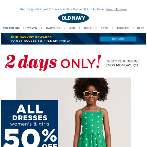 50% OFF *all* dresses & shoes, our treat + $4 DEALS - Old Navy Canada
