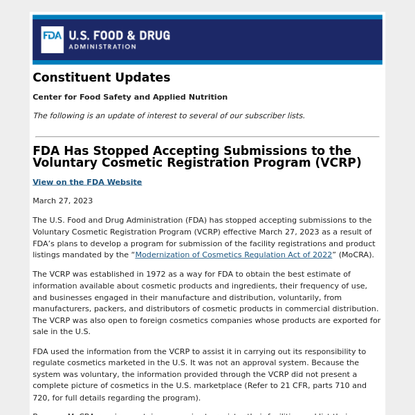 FDA Has Stopped Accepting Submissions to the Voluntary Cosmetic Registration Program (VCRP)