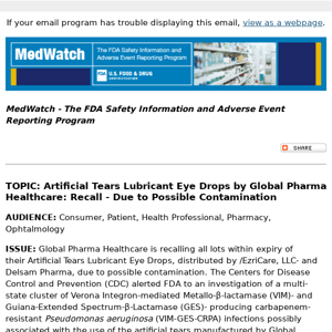 FDA MedWatch - Artificial Tears Lubricant Eye Drops by Global Pharma Healthcare