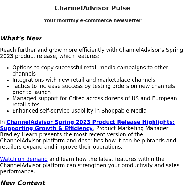 ChannelAdvisor Newsletter: Retail Media Strategies | E-Commerce is Changing: Reducing Friction and Increasing Agility