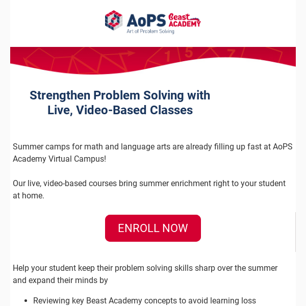 AoPS Academy's virtual summer camps for math and language arts fit into your busy schedule