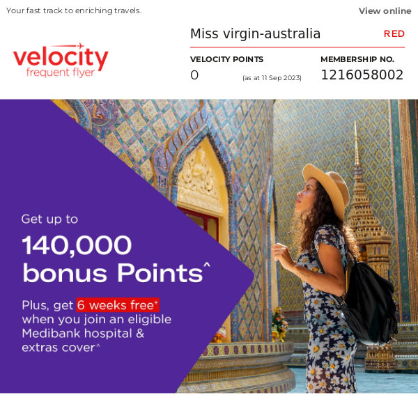 Virgin Australia, get up to 140,000 Velocity Points & 6 weeks free