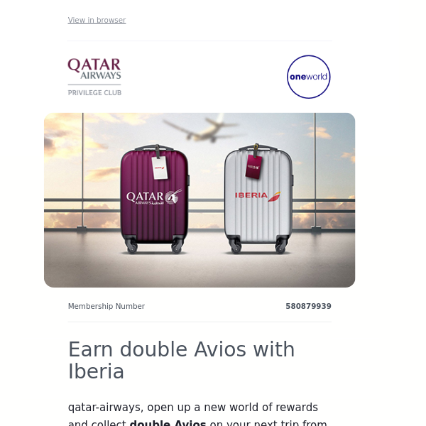 Qatar Airways , collect double Avios on your trip with Iberia
