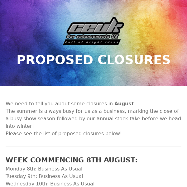 IMPORTANT INFORMATION FOR ORDERS IN AUGUST