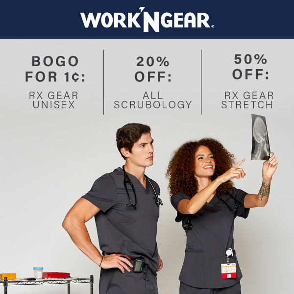 SALE: 50% Off Rx Gear Stretch, BOGO for 1 Penny Rx Gear Unisex, AND 20% Off Scrubology