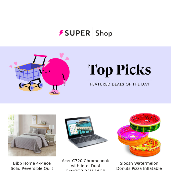 🛍️ $31.99 Bibb Home 4-Piece Quilt Set | $43.99 Acer C720 Chromebook | $33.99 Sloosh Watermelon Donuts Pizza Inflatable Pools & More