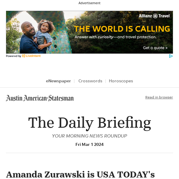 Daily Briefing: Amanda Zurawski is USA TODAY's Women of the Year honoree for Texas