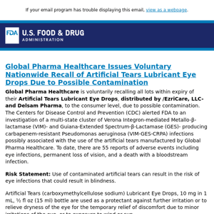 Global Pharma Healthcare Issues Voluntary Nationwide Recall of Artificial Tears Lubricant Eye Drops Due to Possible Contamination