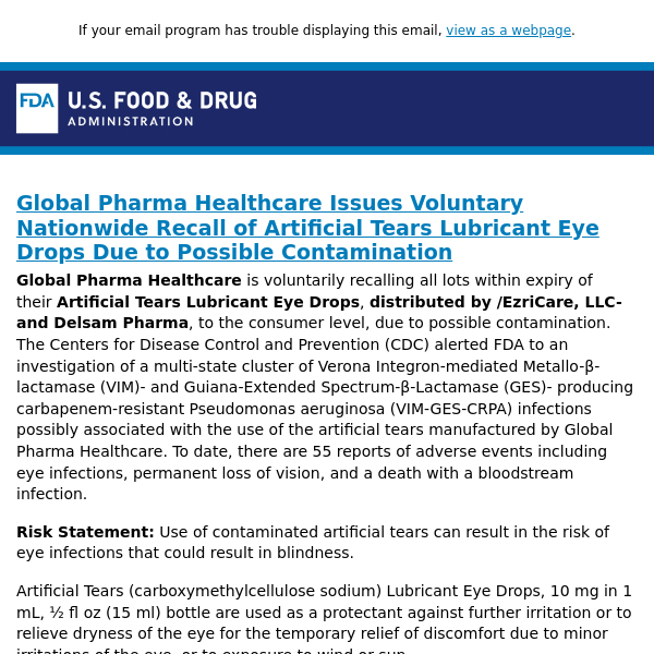 Global Pharma Healthcare Issues Voluntary Nationwide Recall of Artificial Tears Lubricant Eye Drops Due to Possible Contamination