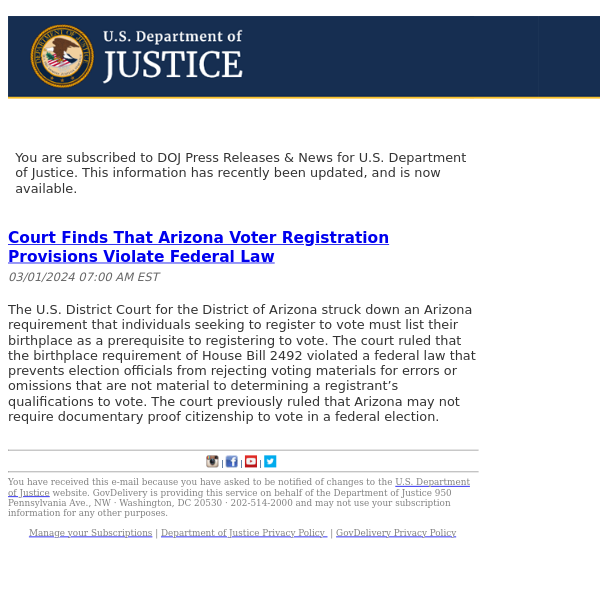 U.S. Department of Justice DOJ Press Releases & News Update