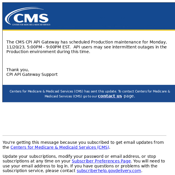[INFO] CMS CPI API Gateway Scheduled Production Maintenance - 11/20/2023
