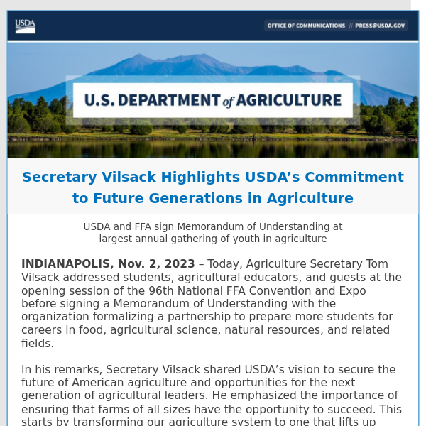 Secretary Vilsack Highlights USDA’s Commitment to Future Generations in Agriculture