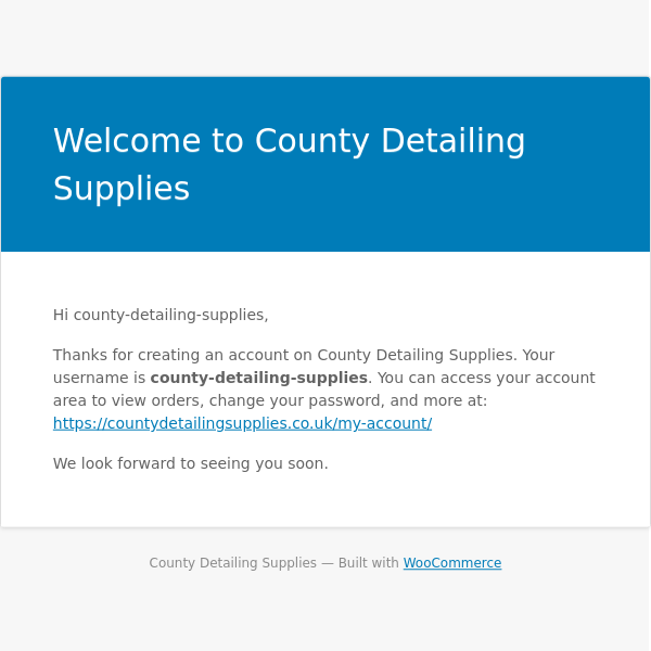 Your County Detailing Supplies account has been created!