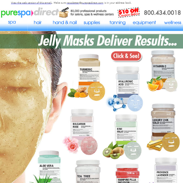 Pure Spa Direct! JUST IN! Jelly Masks - Hyaluronic Acid, Vitamin C, Lactic Acid, Turmemic and More! + $10 Off $100 or more of any of our 80,000+ products!