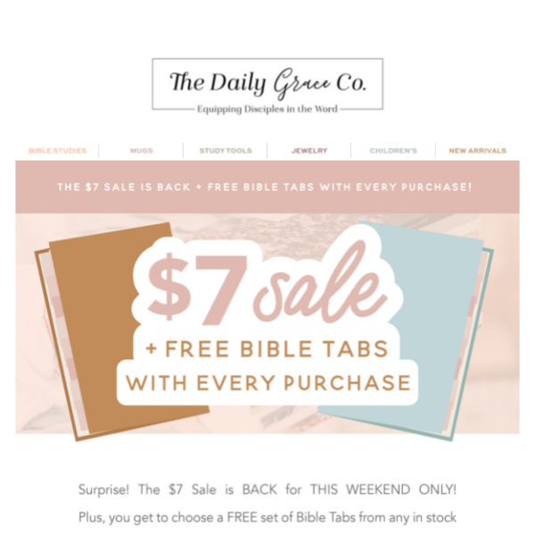 HURRY! $7 DEALS + FREE BIBLE TABS THIS WEEKEND ONLY!