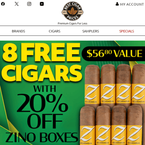 ⚡ 8 Free Cigars with 20% Off Zino Boxes ⚡