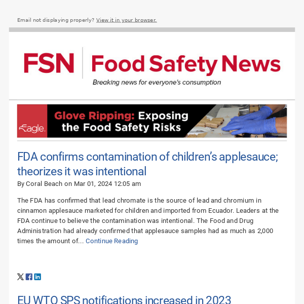 Food Safety News 03/01/2024 FDA confirms contamination of children’s