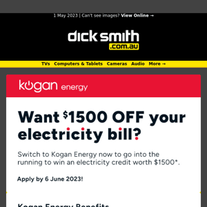 Want $1500 off your electricity bill? Switch to Kogan Energy for your chance to win!