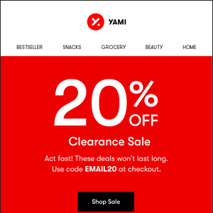 Grab 20% Off on Bestseller Snacks, Grocery, Beauty, and Home Products at Yami!