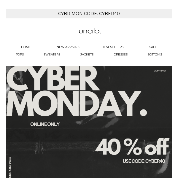 CYBR MON. HAPPENING NOW! 40%  OFF ONLINE 💥