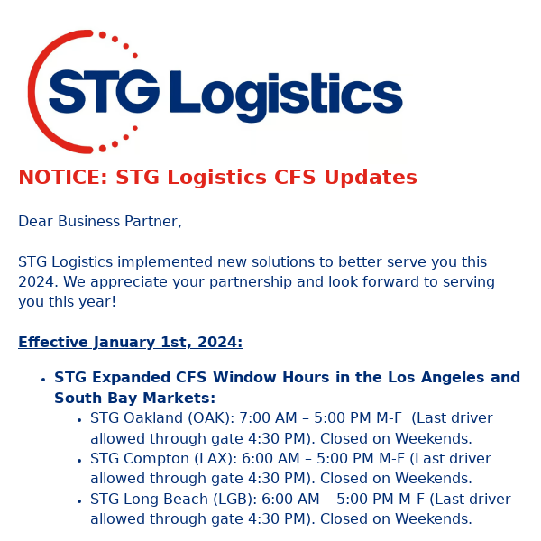 NOTICE: STG Logistics CFS Updates