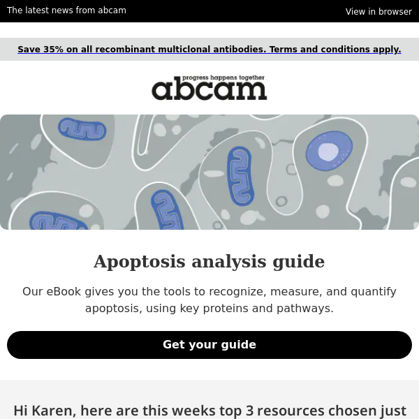 Apoptosis analysis guide, cancer metabolism poster, overcoming ovarian cancer resistance webinar