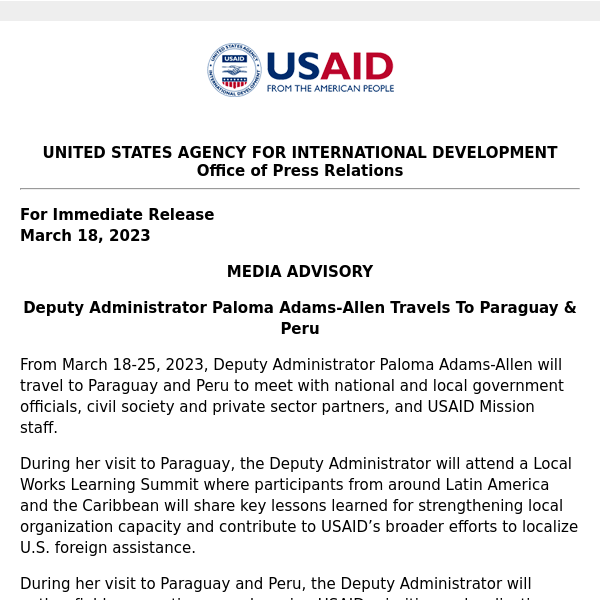 MEDIA ADVISORY: Deputy Administrator Paloma Adams-Allen Travels To Paraguay & Peru