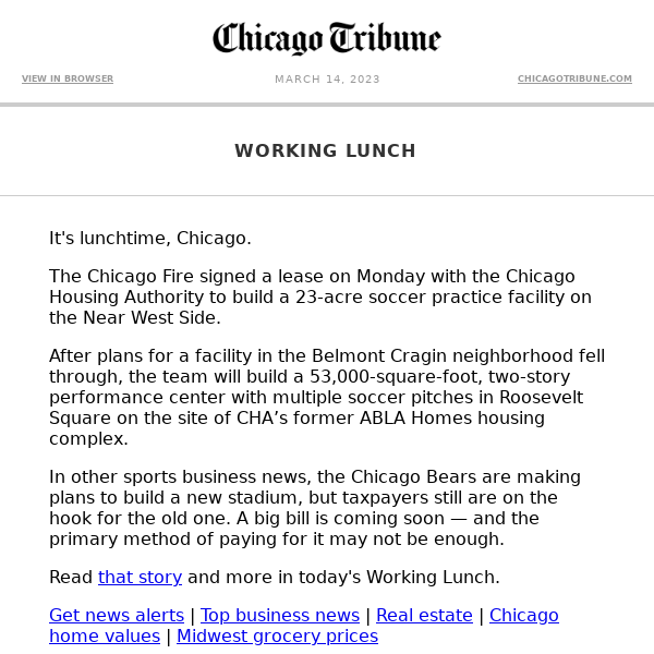 Working Lunch: Chicago Fire signs lease with CHA | Soldier Field debt payments | IUOE Local 150 backs Paul Vallas