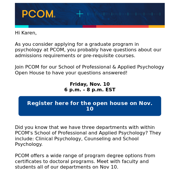 Last chance to register: School of Professional & Applied Psychology Open House 11/10