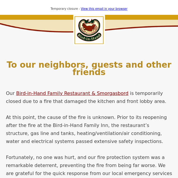 Important news about Bird-in-Hand Family Restaurant & Smorgasbord