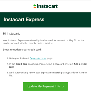 Instacart Express: Inactive Card On File