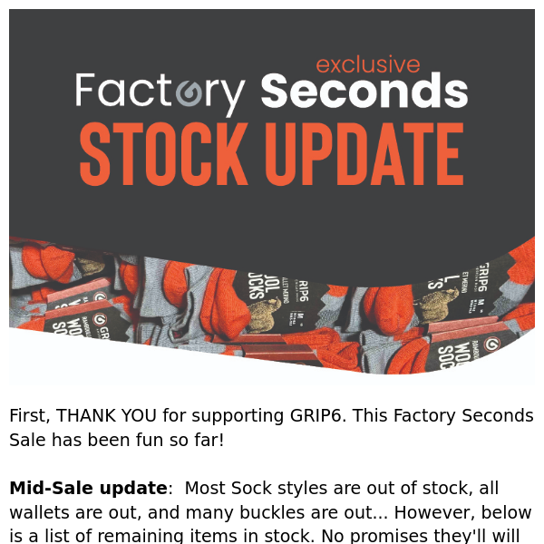 Stock Update - Factory Seconds Sale