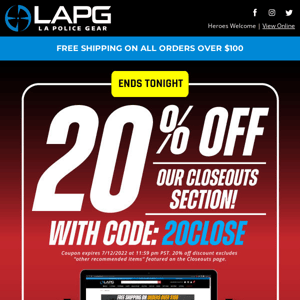 LAST DAY - 20% off Closeouts